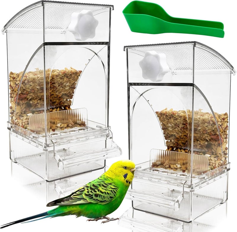 Hamiledyi 2Pcs No Mess Bird Feeder Automatic Bird Cage Feeder Transparent Acrylic Parrot Seed Food Container with Perch for Parakeet Finch Lovebirds Budgies Canary - Image 1